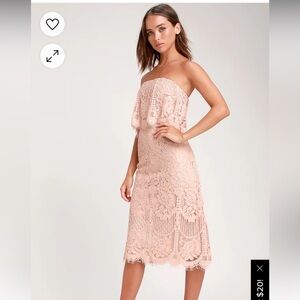 LULUS Women's Delia Strapless Lace Midi Dress‎ Scallop Hem Blush Medium NWT